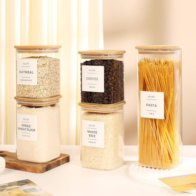 5 Pack Square Glass Pantry Storage Containers with 132 Kitchen Food Pantry Labels, Clear Glass Pantry Jars with Airtight Wood Bamboo Lids,Glass Canisters for Pasta, Cereal, Coffee, Flour, Sugar