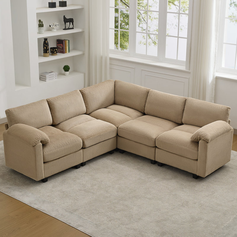Canapé modulaire 5 places avec accoudoirs coussinés, Chenille chameau