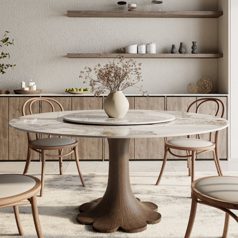 Round Stone Top With 360° Circular Rotating Lazy Susan Solid Wood Base Dining Table For 6-10, Sand, Dark Brown