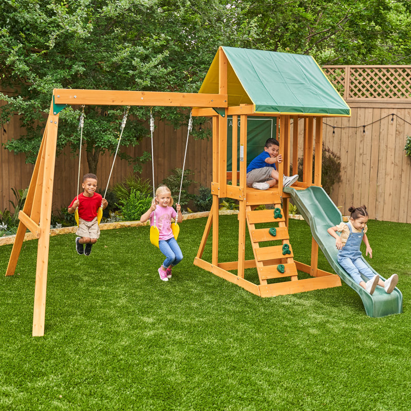 Appleton Wooden Swing Set with Swings, Slide, Rock Wall, Chalkwall and Sandbox