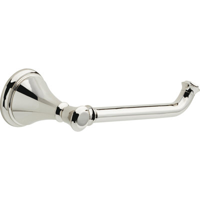 Toilet paper holder in polished chrome with a single-post wall mount and curved arm.
