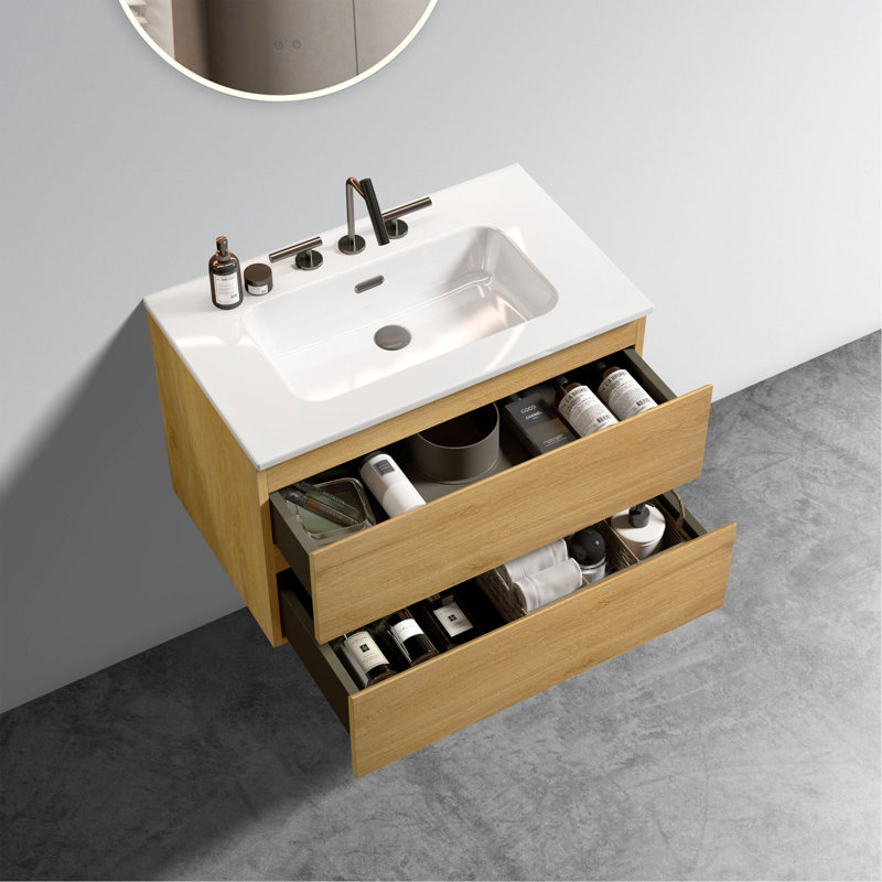 Meuble-lavabo mural de 30 po avec lavabo en céramique et trois trous de robinet, offrant une élégance intemporelle et une fonctionnalité améliorée.