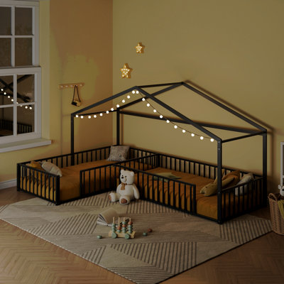 Double Twin Size L-Shaped Montessori Bed, Metal Corner House Bed Frame With Fence, House-Style Floor Bed For 2 Kids, Without Slats