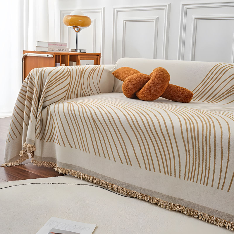 Housse de canapé douce et durable en chenille rayée, moderne, polyvalente, Beige