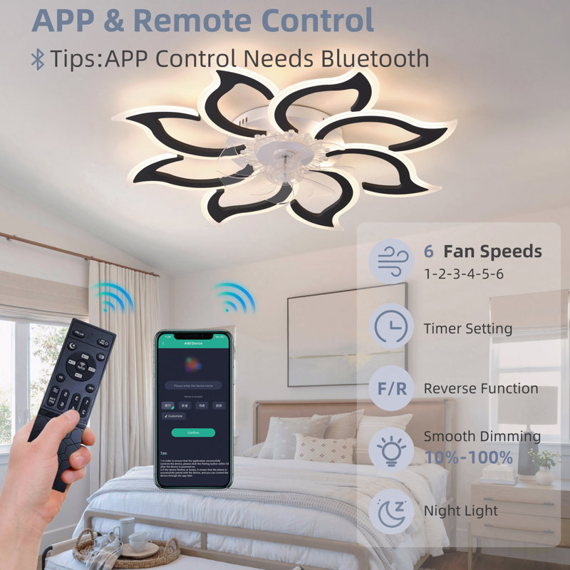 37In Black Ceiling Fan With Lights, Remote Control 3 Color Temperatures,6 Gear Wind Speed Fan Light