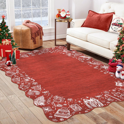 Tapis de Noël avec rennes et sapin enneigé, lavable à la machine, antidérapant, décoration festive pour le salon pendant les fêtes de fin d'année