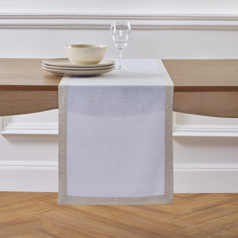Classic - 100% Pure Linen Table Runner, 72" x 14", Narrow Border, Light Natural/White