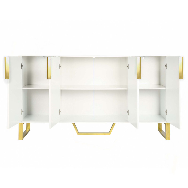 Buffet moderne avec quatre portes, poignées et pieds en métal et armoire de cuisine à tablettes réglables, Blanc