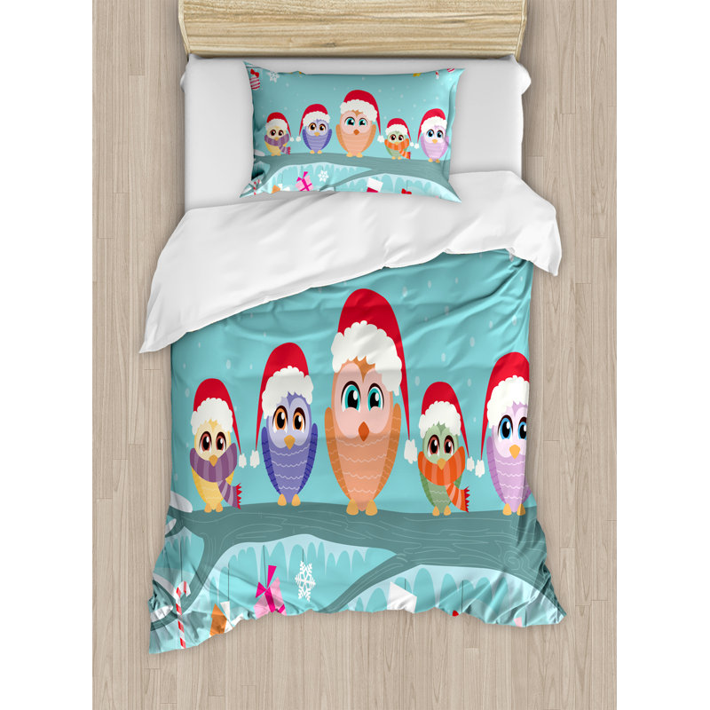 Christmas Twin Size Cute Owl Family Duvet Cover Set