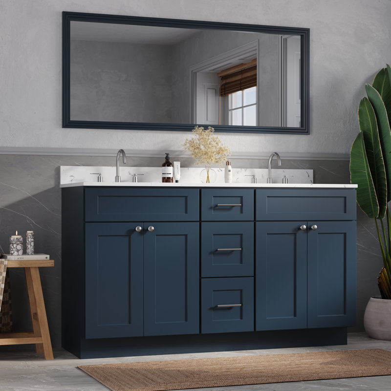 Meuble-lavabo double 61 po avec comptoir en quartz de Carrare, Bleu