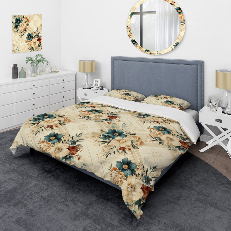 Vintage Neutrals Mosaic Flowers I Floral Duvet Cover, King Duvet Cover + 2 King Shams
