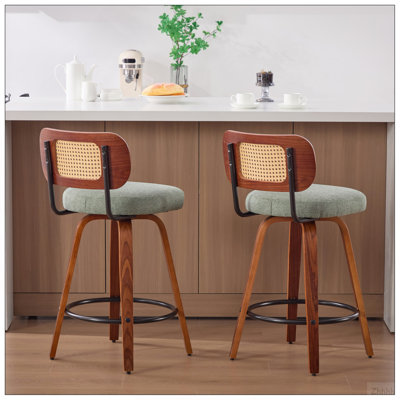 Set of 2 26-Inch Counter Height Bar Stools - Walnut Black, Cane Rattan Back, Light Green Linen Upholstered Seat, Swivel Design for Kitchen Island/Bar/Counter