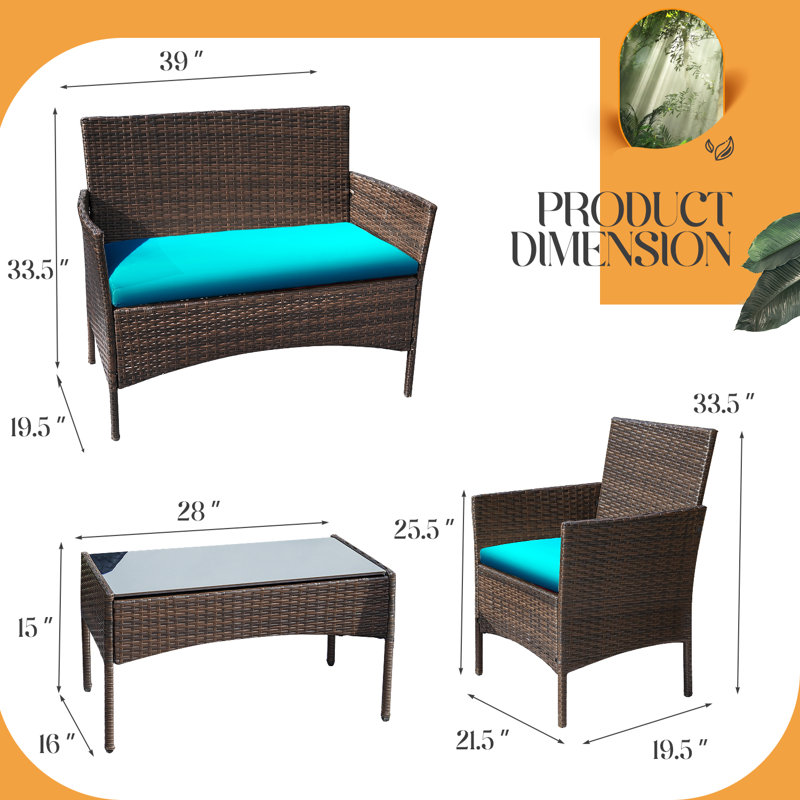 Rifiki 4 - Person Patio Conversation Sets with Cushions, Brown, Blue