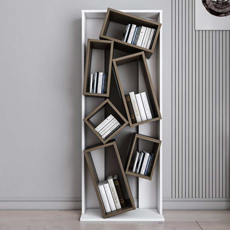 Modern Bookshelf, White & Walnut, 24.0 x 63.0 x 60.5 inches | 100% Melamine Coated Particle Board, Thickness: 0.7 inches | Stylish Storage Solution for Home, Office & Study, Elegant Design for Novelty Spaces