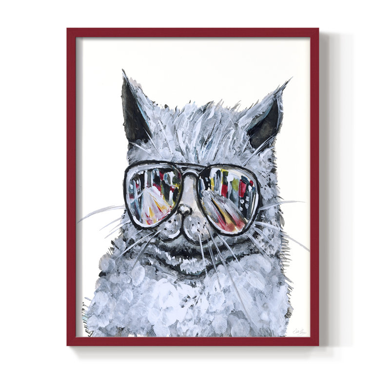 «Kitty with Shades», reproduction encadrée - bois massif, H 11 po x l 9 po, Rouge