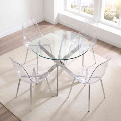 Ensemble de table de salle à manger 36 po en verre trempé pour 4, 5 pièces en verre trempé avec 4 chaises en plastique transparent, ensemble de table de salle à manger pour la salle à manger, appartement