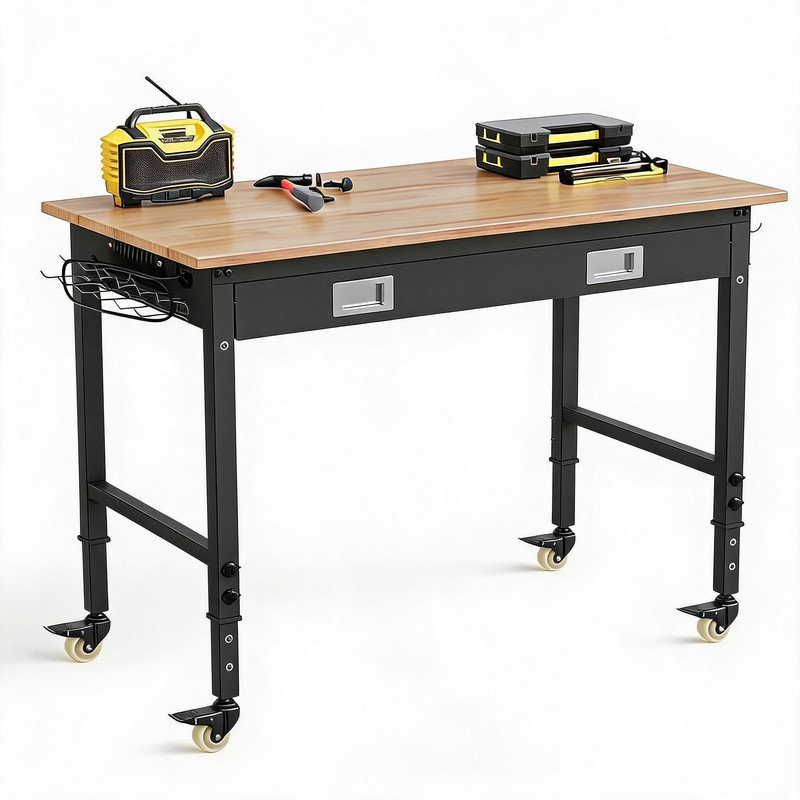 48" x 24" Heavy-Duty Workbench with Drawer, 6-Level Adjustable Height, Rubberwood Top & Pegboard