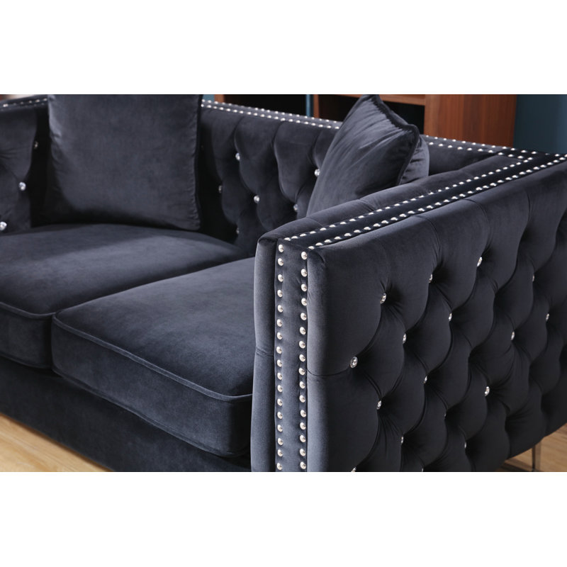 Cannella 63" Velvet Tuxedo Arm Loveseat, Black Velvet 
