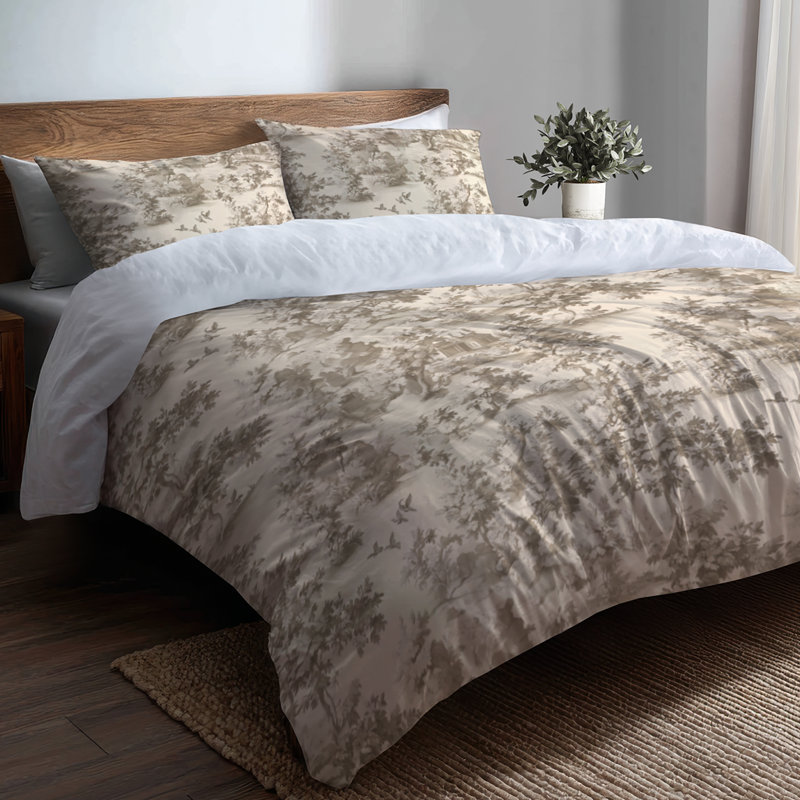 French Country 3 Pcs Bedding Set - Beige Neutral Toile Duvet Cover Set, Twin Duvet Cover + 2 Standard Shams