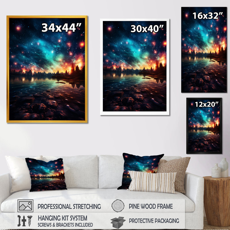 Feux d'artifice vert et rouge au bord du lac I - Art mural, Cadre flottant noir, H 20 po x l 12 po x P 1 po
