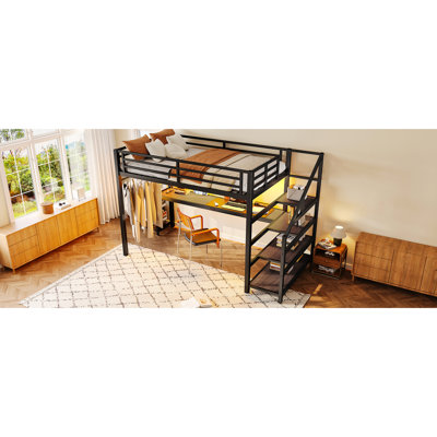 Lit mezzanine simple en métal avec bureau, escalier de rangement, lumières à DEL, prises de courant, filets en fer, robuste et silencieux, charge de bureau noire, rouille multifonctionnelle, fonctionnement silencieux,