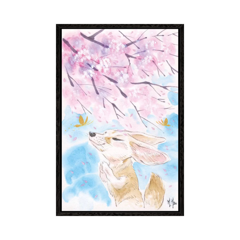 Cherry Blossom Wishes Fox by Martin Hsu - Print on Canvas, 66.04 cm H x 45.72 cm W, Black Framed