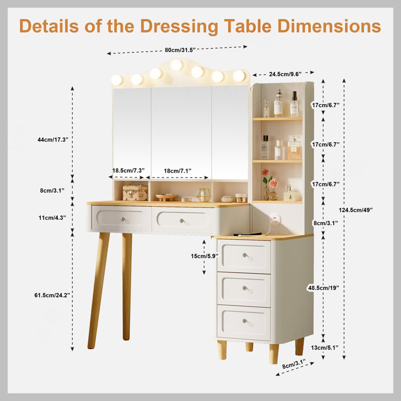Vanity Desk with Mirror and Lights,Makeup Vanity with 2 USB Power Strip,Vanity Set with Two Drawers and Three-drawer Chest, 3 Lighting Modes Adjustable Brightness, Foldable Three-sided Mirror(White)
