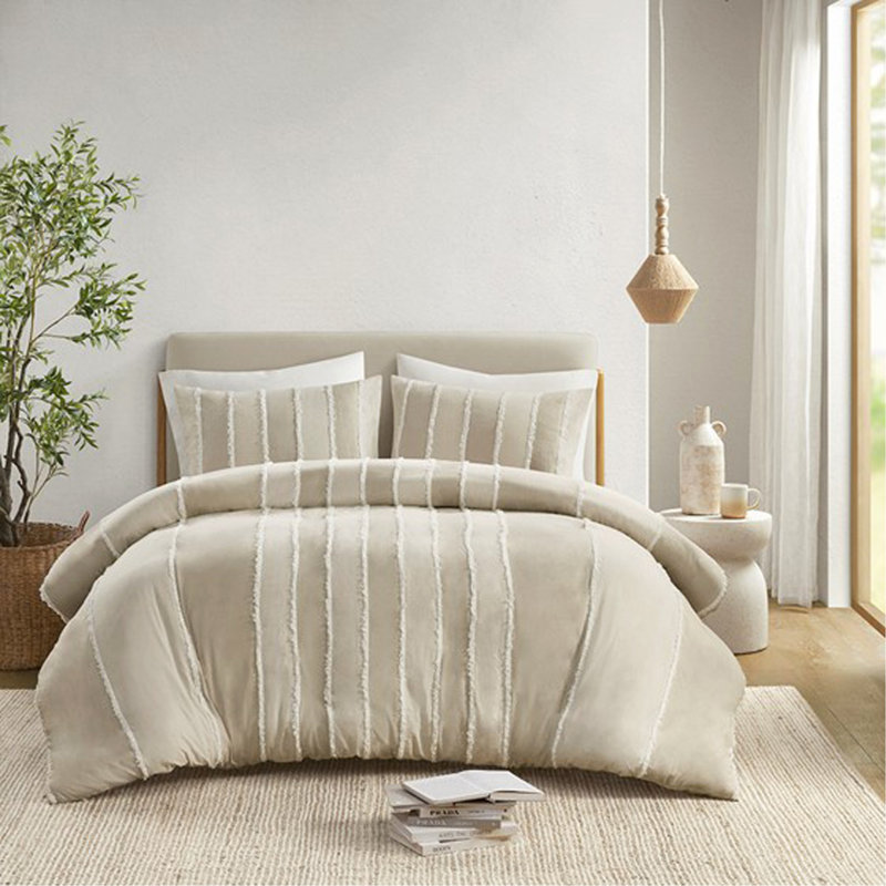 Ensemble de housse de couette en coton 3 pièces, Beige, Housse de couette double et 2 taies décoratives