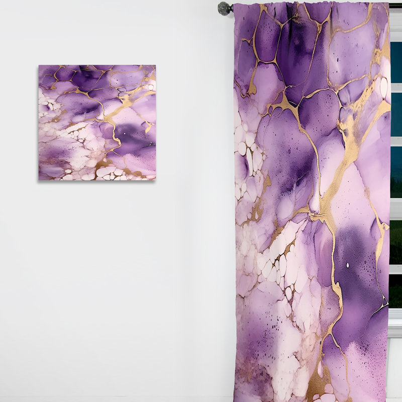 Rideau abstrait mauve et velours mauve à motif d'encre de marbre mauve et doré - 1 panneau, L 52 po x L 63 po
