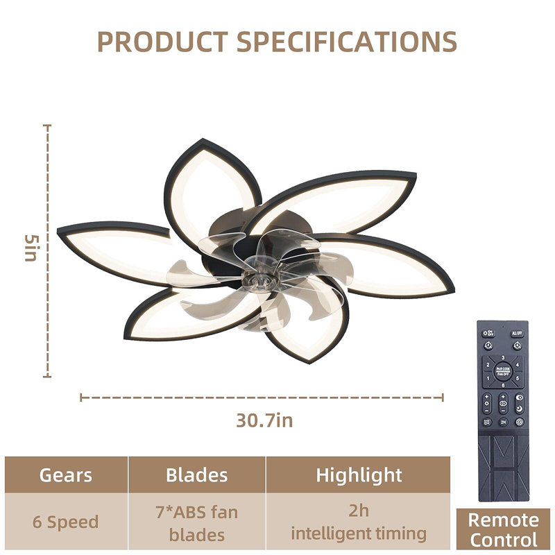 30.7In Ceiling Fan With Lights, Remote Control 3 Color Temperatures,6 Gear Wind Speed Fan Light, Black, Black