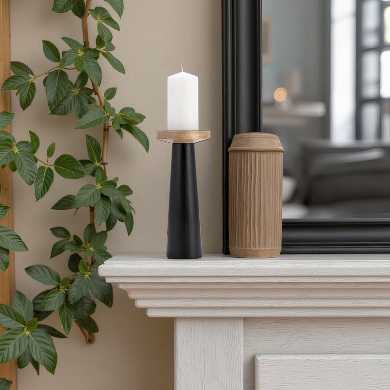 Mango Wood and Iron Pillar Candle Holder with Modern Tapered Design, 12" H x 5" W x 5" D