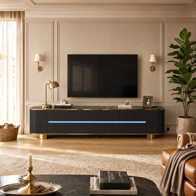 Modern High-Gloss Marble TV Stand With Storage Cabinets, Drawers, And Built-In Outlet