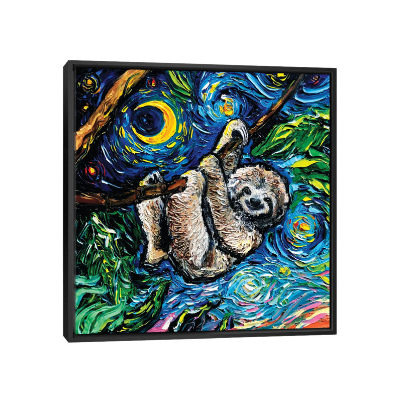 «Starry Sloth» par Aja Treves - reproduction d'art, Pas de tapis, H 12 po x l 12 po x P 1,5 po, Toile avec cadre noir