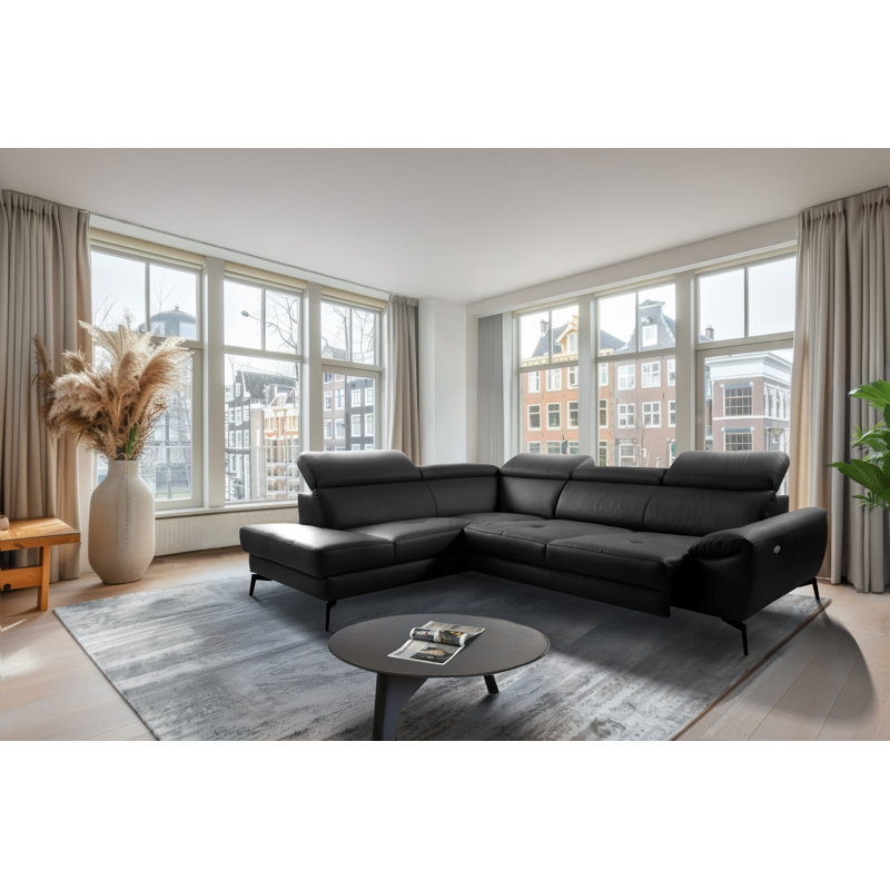 Alvoro Genuine Leather Corner Sofa with Electric Seat Extension & Adjustable Headrests, Black, Left Hand Facing