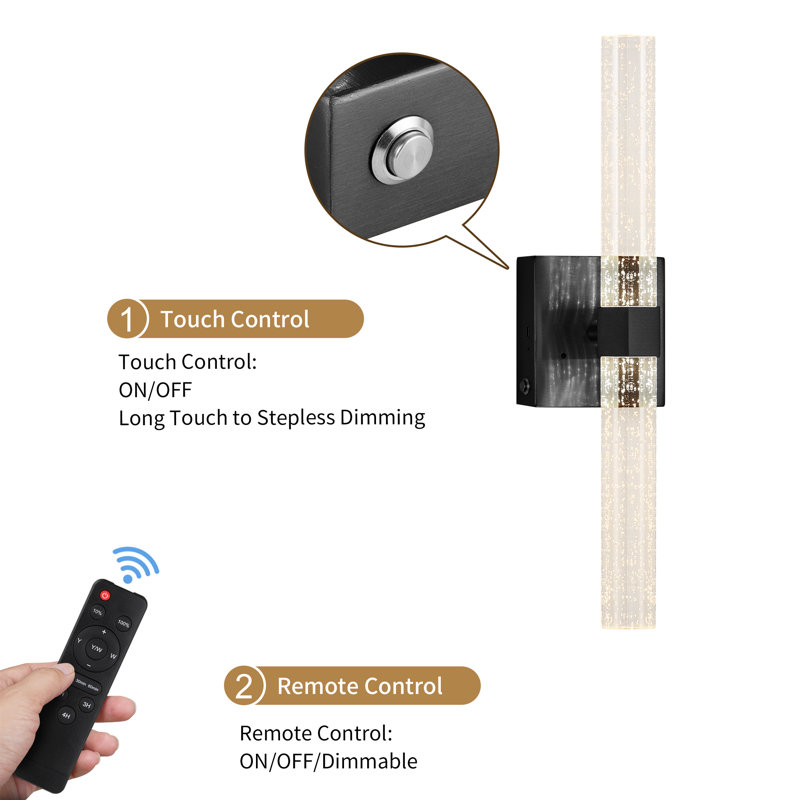 Rechargeable Dimmable LED Crystal Wall Sconce with Remote Control Included, Matte Black