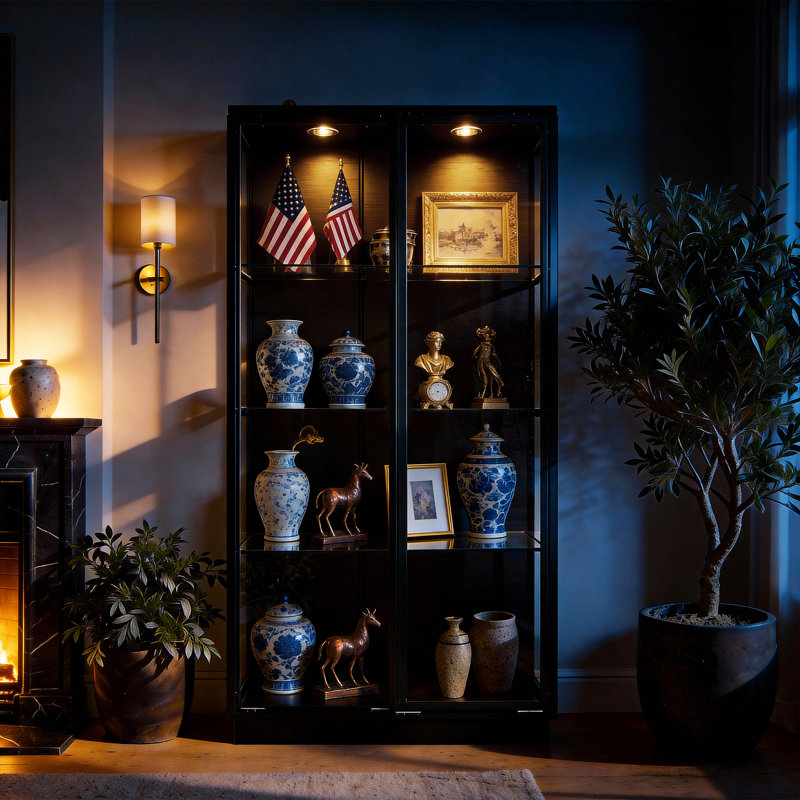 Modern Glass Curio Cabinet With LED Lights & Sliding Doors