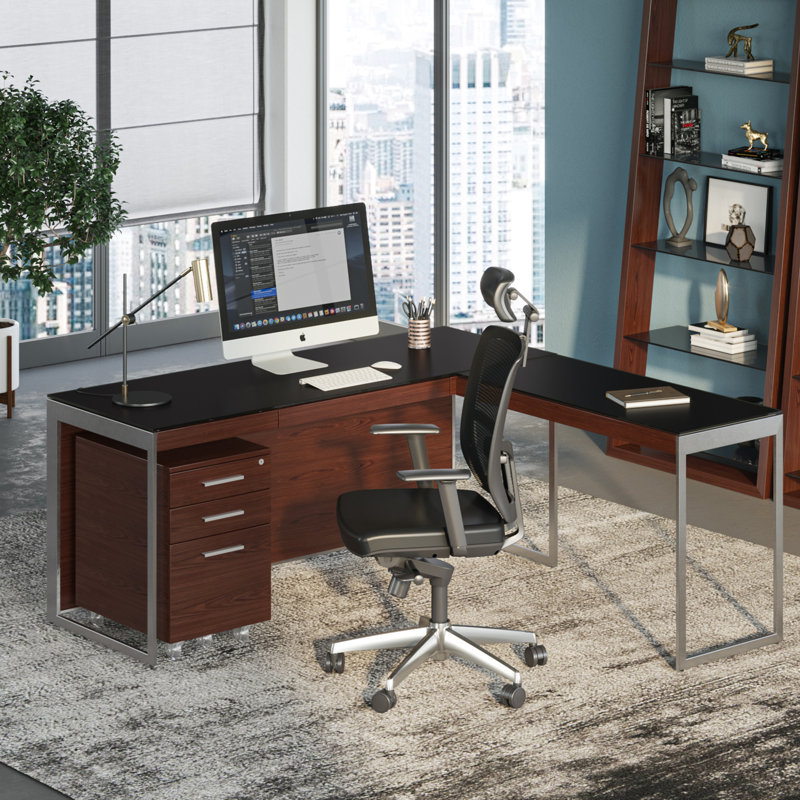 Sequel 20 Writing Desk, 24.75" H x 66" W x 24" D, Chocolate Stained Walnut/Satin Nickel