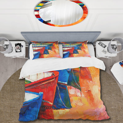 Bateaux dans le port pendant les couleurs chaudes coucher de soleil II - ensemble de housse de couette nautique - microfibre de polyester