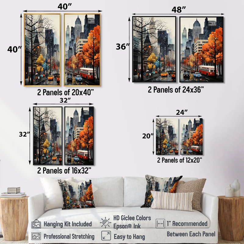 Ensemble de 2 décorations murales Bold Cityscape Urban Fog III - Orange, 40" H x 40" W, Impression encadrée flottante, Black