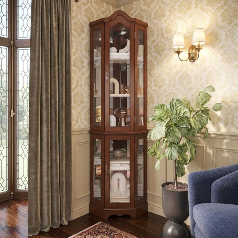 Vitrine de coin éclairée en angle avec 5 tablettes en noyer