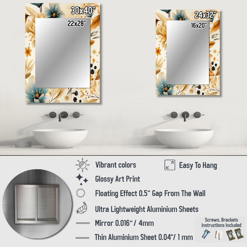 Vicini Earthy Elegance Boho Pattern - Floral Mirror, Cottage Unique Wall Mirror, Printed Metal Art, 40" x 30"