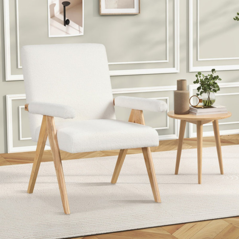 Chaise d'appoint Mid-Century moderne avec structure en bois d'hévéa et accoudoirs rembourrés