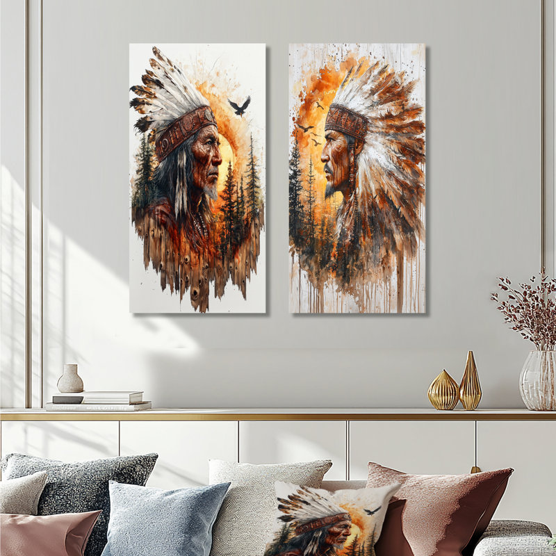 Native American Warrior Energy Of Forest I - People Canvas Prints 2 Panels Collection, 28" H x 25" W, Wrapped Canvas
