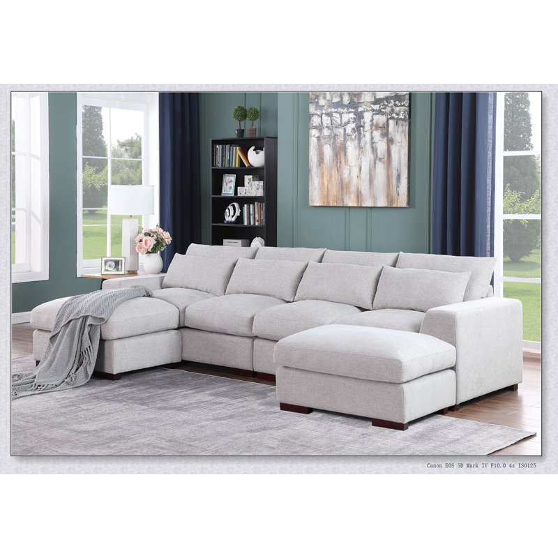 Tatman Linen Blend Sectional With 2 Ottomans, Light Gray Linen