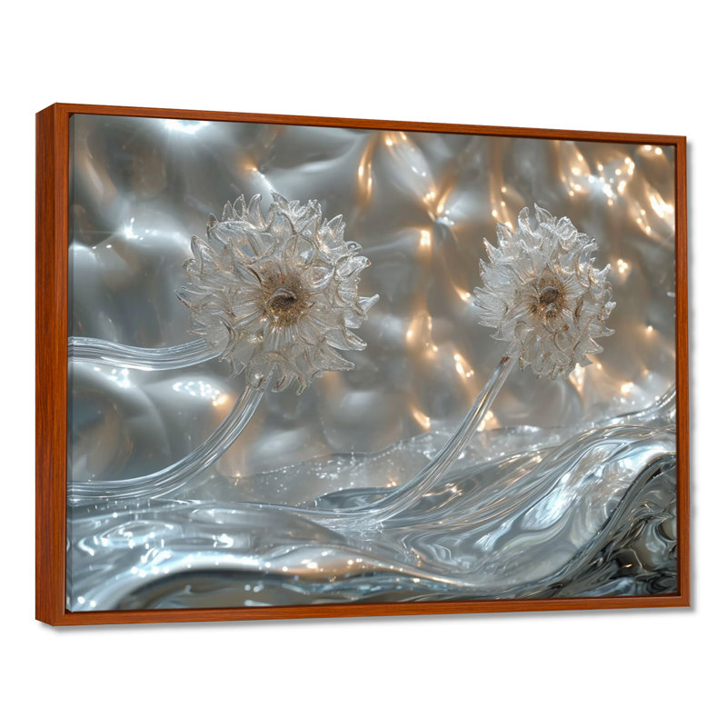 Sparkling Silver Dandelion Dreams II - Pissenlit, art mural, Toile avec cadre flottant brun, H 34 po x l 44 po x P 1,5 po