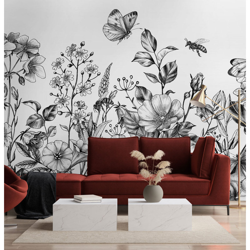 Papier peint amovible floral exotique noir et blanc, L 98,04 po x l 150 po