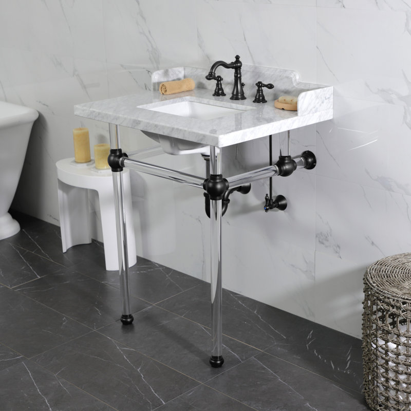 Kingston Brass Pemberton 30-Inch Carrara Marble Console Sink with Acrylic Legs (8-Inch, 3-Hole), Marble White/Matte Black