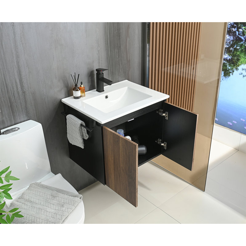 Compartiment de meuble-lavabo flottant avec rangement à serviettes mural 24 po Goodyo, Noyer foncé