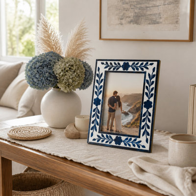 Carved Botanical Rectangular Wood Decorative Photo Frame for Entryway Display - Picture Frames for Living Room or Console Area