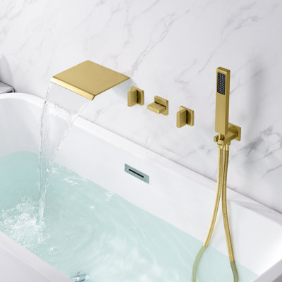 SUMERAIN S2129XW-2140-2150 Triple Handle Wall Mounted Roman Tub Faucet with Handheld Shower, Waterfall Bathtub Filler Faucet